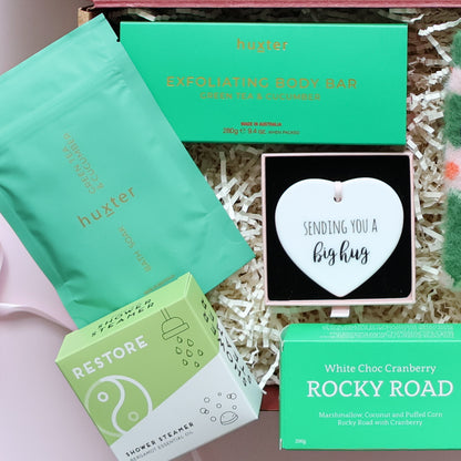 Thinking of you pamper box Perth open showing Huxter bath soak body bar shower steamer fuzzy bed socks and keepsake
