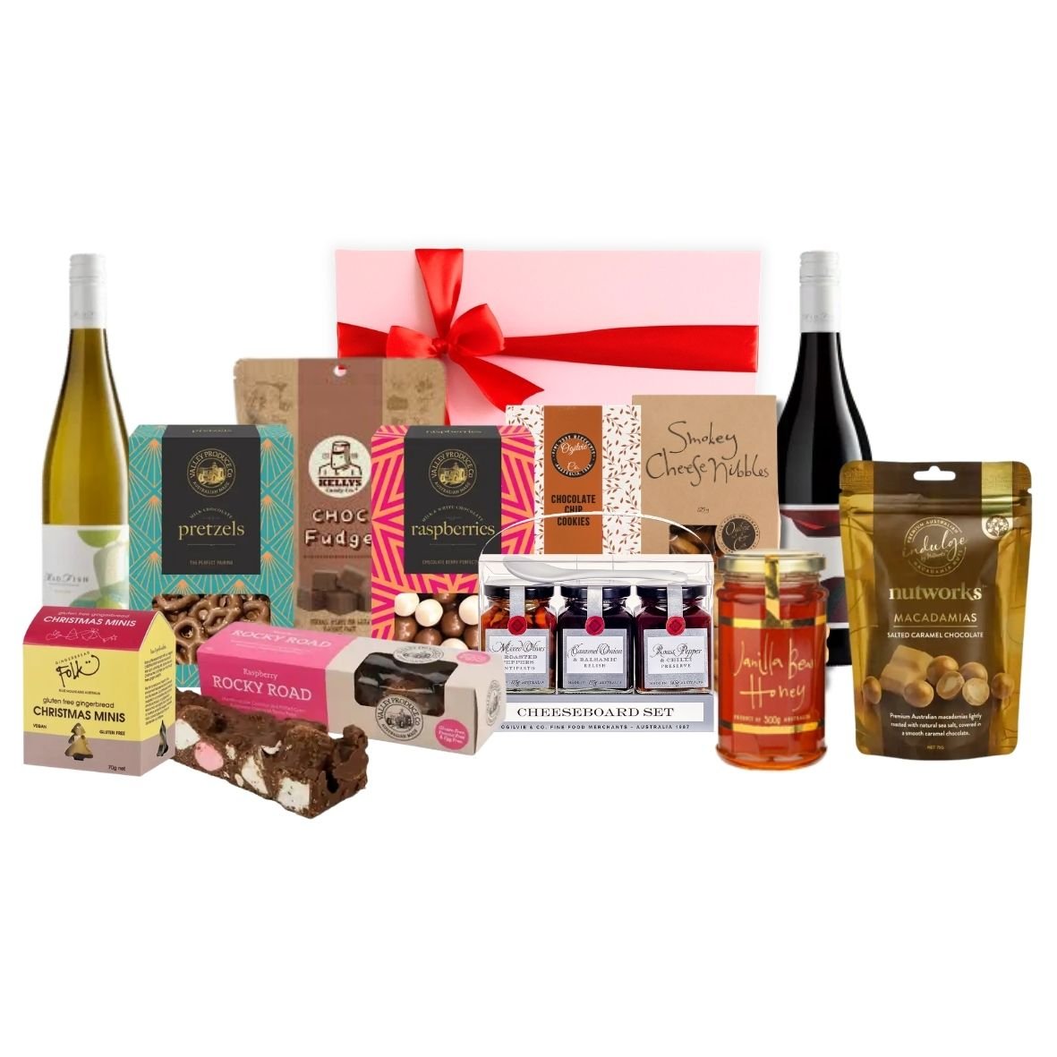 Ultimate Sweet & Savoury Share Hamper with Madfish white and red wine, Ogilvie & Co cheeseboard set, smokey cheese nibbles, chocolate chip cookies, pretzels, chocolate raspberries, choc fudge, raspberry rocky road, salted caramel macadamias, gluten free gingerbread and vanilla bean honey in a pink gift box with red ribbon