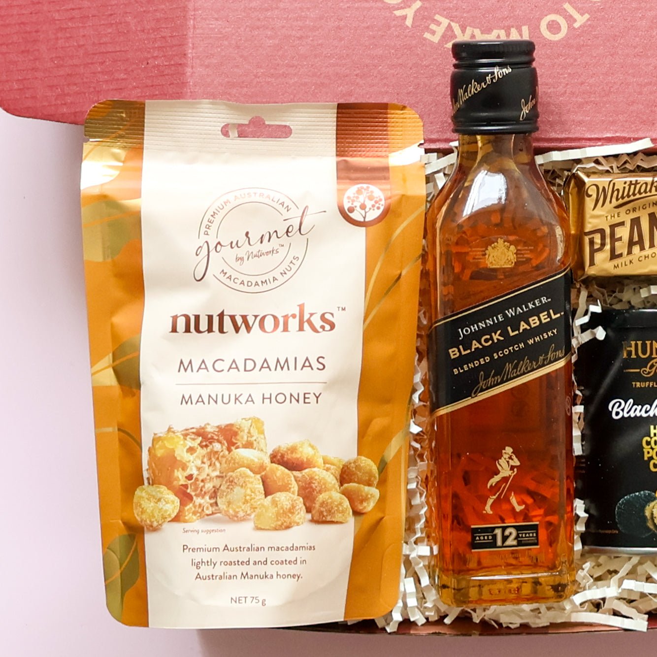 Whisky gift box Nutworks Manuka Honey Macadamias and Johnnie Walker Black Label whisky