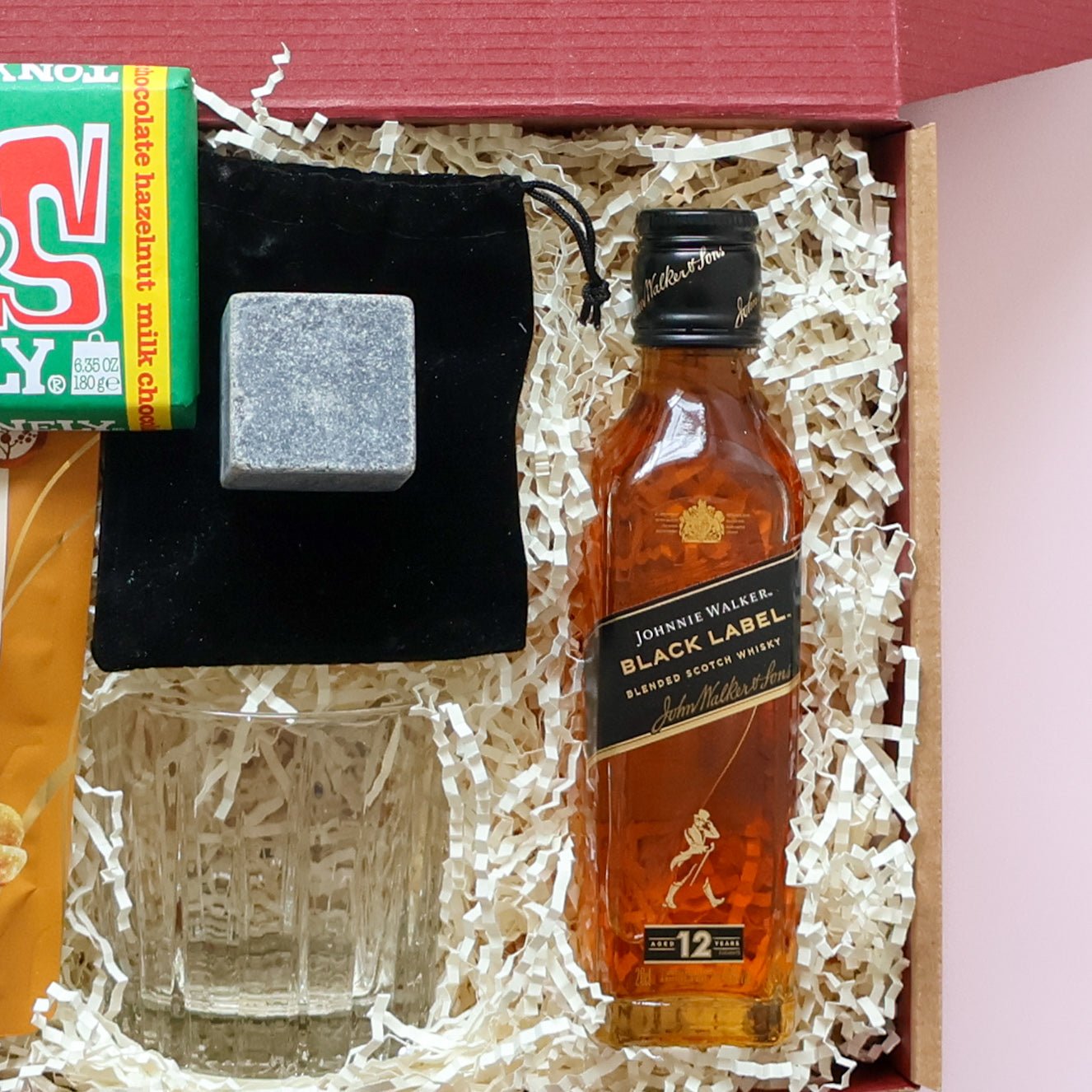 Whisky gift hamper set with Johnnie Walker, whisky glass, stone ice cube,