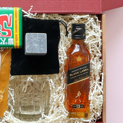 Whisky gift hamper set with Johnnie Walker, whisky glass, stone ice cube,