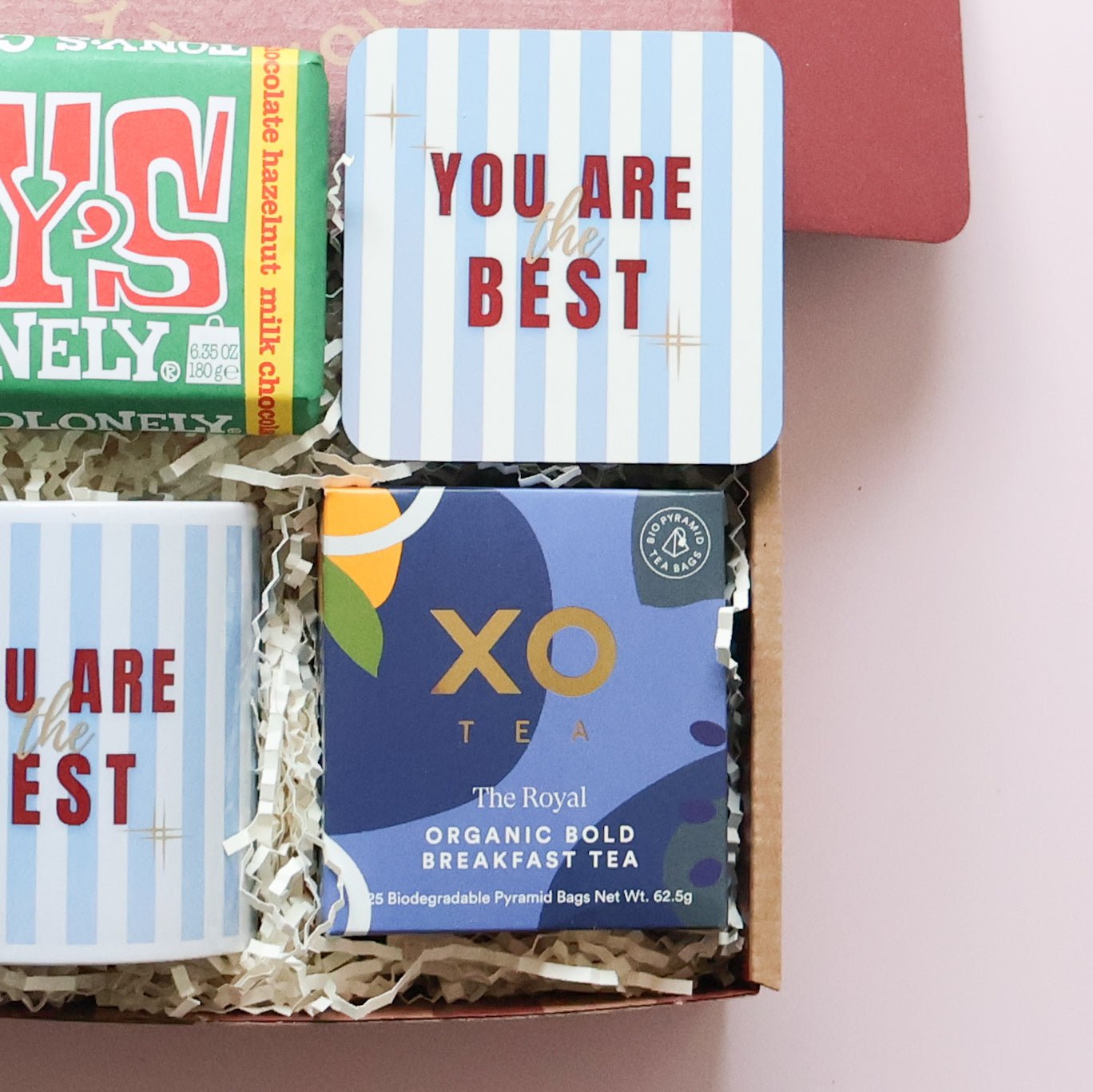 Gift box for him Perth with You Are The Best coaster, XO Tea organic breakfast tea and matching striped mug
