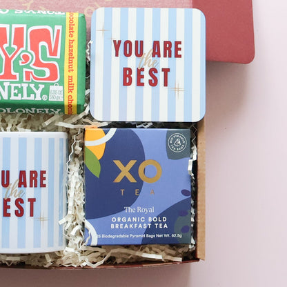 Gift box for him Perth with You Are The Best coaster, XO Tea organic breakfast tea and matching striped mug