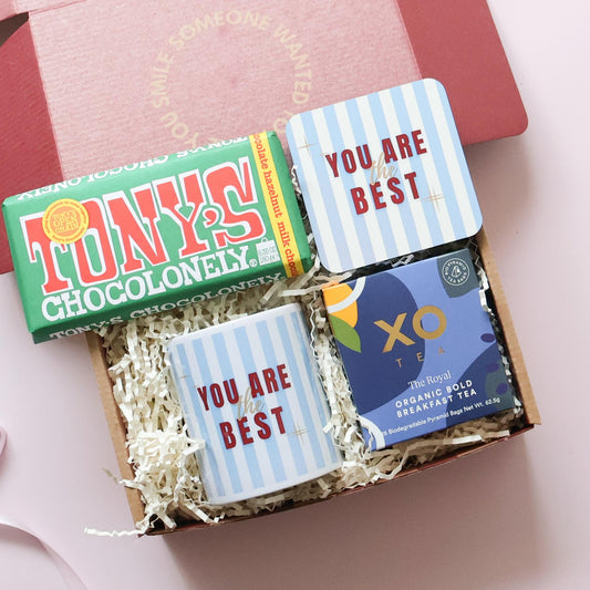Gift box for him Perth with Tony's Chocolonely chocolate, XO Tea, You Are The Best mug and coaster