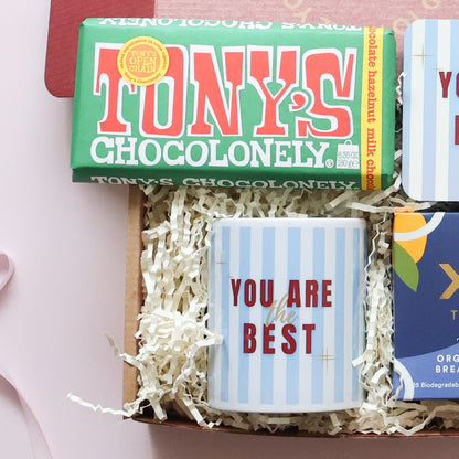 Gift box for him Perth with Tony's Chocolonely hazelnut milk chocolate bar and You Are The Best striped mug