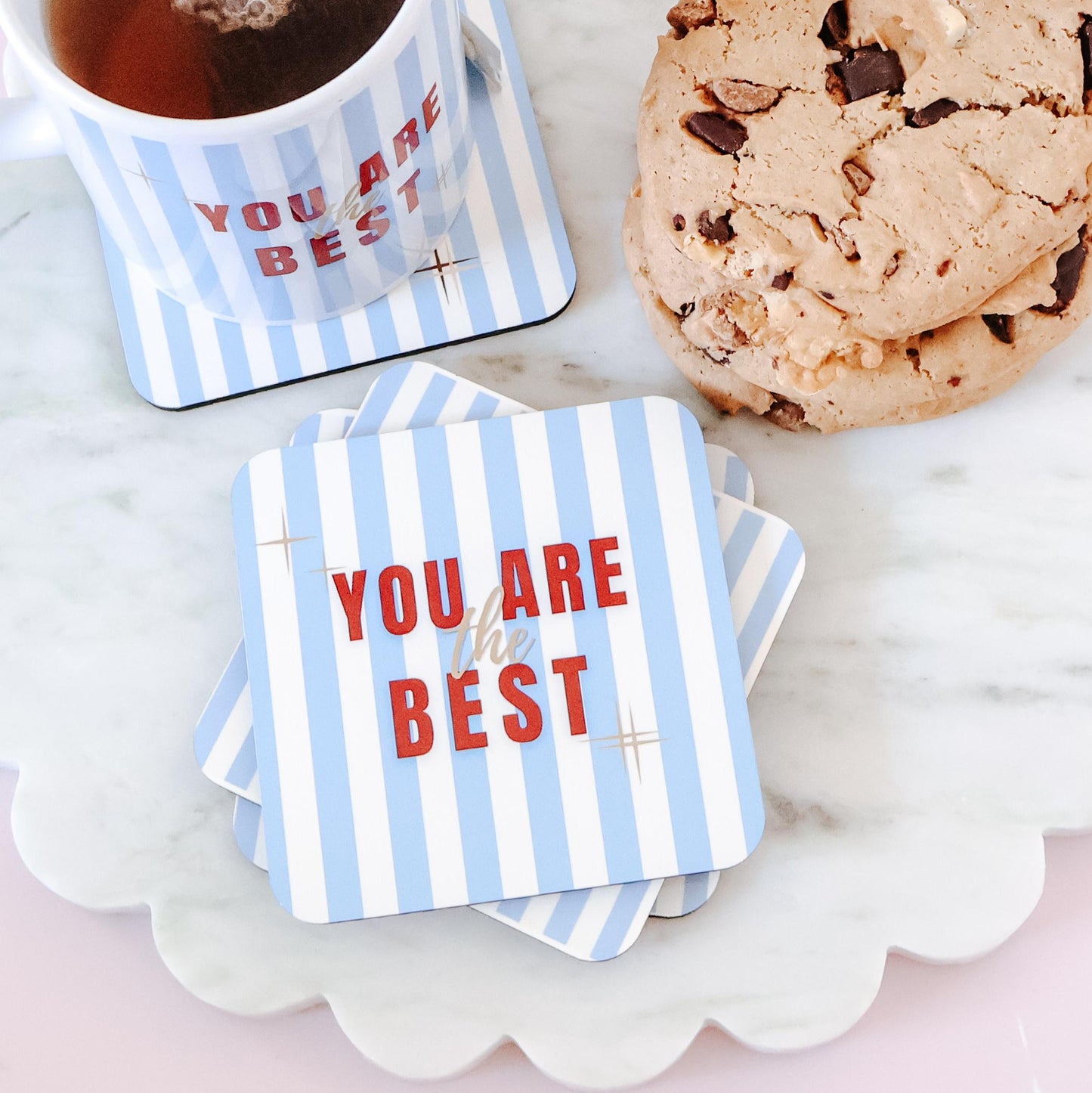 You Are the Best blue and white stripe coaster stacked on scalloped marble board with tea mug and cookie – Goodie Box gift box add-on Perth